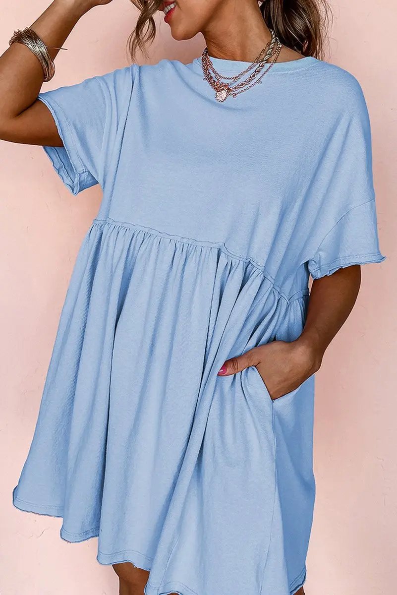 Sky Blue Solid Color Pocketed Raw Edge Babydoll Dress - Love Salve